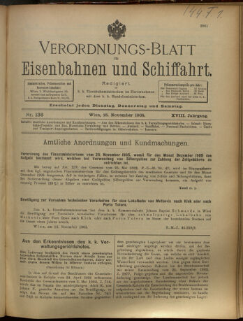 Verordnungs-Blatt für Eisenbahnen und Schiffahrt: Veröffentlichungen in Tarif- und Transport-Angelegenheiten 19051125 Seite: 1