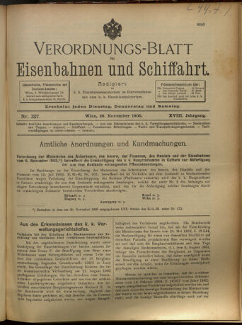 Verordnungs-Blatt für Eisenbahnen und Schiffahrt: Veröffentlichungen in Tarif- und Transport-Angelegenheiten 19051128 Seite: 1