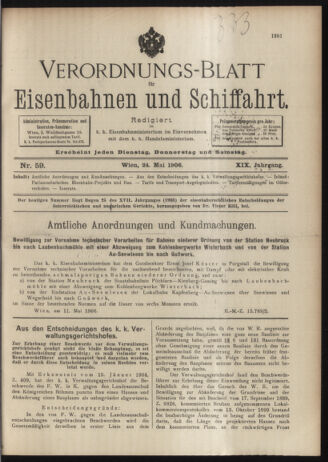 Verordnungs-Blatt für Eisenbahnen und Schiffahrt: Veröffentlichungen in Tarif- und Transport-Angelegenheiten 19060524 Seite: 1