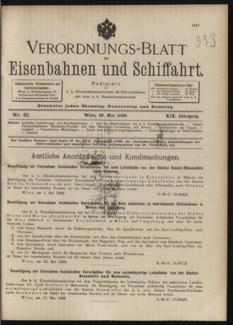 Verordnungs-Blatt für Eisenbahnen und Schiffahrt: Veröffentlichungen in Tarif- und Transport-Angelegenheiten 19060529 Seite: 1