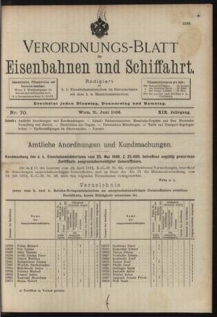 Verordnungs-Blatt für Eisenbahnen und Schiffahrt: Veröffentlichungen in Tarif- und Transport-Angelegenheiten 19060621 Seite: 1