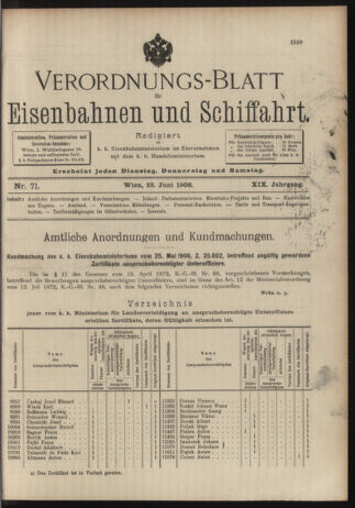 Verordnungs-Blatt für Eisenbahnen und Schiffahrt: Veröffentlichungen in Tarif- und Transport-Angelegenheiten 19060623 Seite: 1