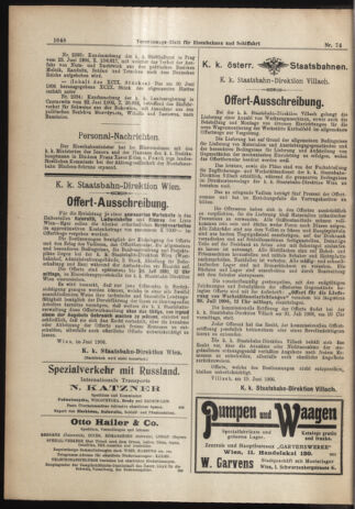 Verordnungs-Blatt für Eisenbahnen und Schiffahrt: Veröffentlichungen in Tarif- und Transport-Angelegenheiten 19060703 Seite: 6