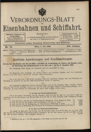 Verordnungs-Blatt für Eisenbahnen und Schiffahrt: Veröffentlichungen in Tarif- und Transport-Angelegenheiten 19060705 Seite: 1