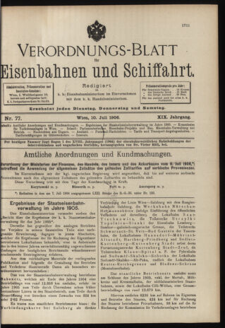 Verordnungs-Blatt für Eisenbahnen und Schiffahrt: Veröffentlichungen in Tarif- und Transport-Angelegenheiten 19060710 Seite: 1