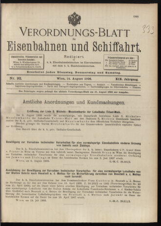 Verordnungs-Blatt für Eisenbahnen und Schiffahrt: Veröffentlichungen in Tarif- und Transport-Angelegenheiten 19060814 Seite: 1