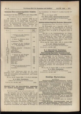 Verordnungs-Blatt für Eisenbahnen und Schiffahrt: Veröffentlichungen in Tarif- und Transport-Angelegenheiten 19060828 Seite: 21