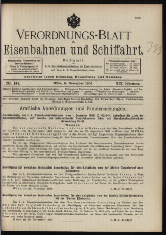 Verordnungs-Blatt für Eisenbahnen und Schiffahrt: Veröffentlichungen in Tarif- und Transport-Angelegenheiten 19061208 Seite: 1