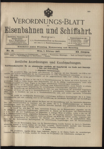 Verordnungs-Blatt für Eisenbahnen und Schiffahrt: Veröffentlichungen in Tarif- und Transport-Angelegenheiten 19070205 Seite: 1