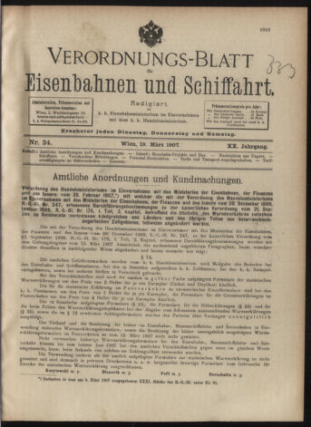 Verordnungs-Blatt für Eisenbahnen und Schiffahrt: Veröffentlichungen in Tarif- und Transport-Angelegenheiten 19070319 Seite: 1