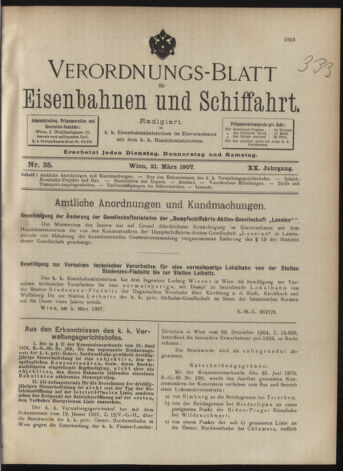 Verordnungs-Blatt für Eisenbahnen und Schiffahrt: Veröffentlichungen in Tarif- und Transport-Angelegenheiten 19070321 Seite: 1