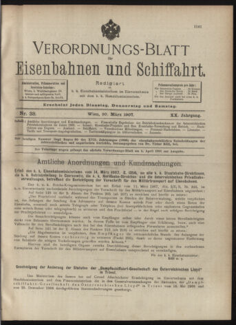 Verordnungs-Blatt für Eisenbahnen und Schiffahrt: Veröffentlichungen in Tarif- und Transport-Angelegenheiten 19070330 Seite: 1