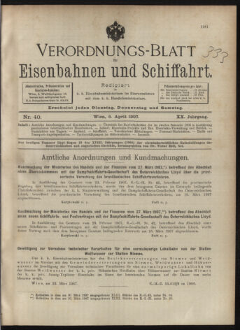 Verordnungs-Blatt für Eisenbahnen und Schiffahrt: Veröffentlichungen in Tarif- und Transport-Angelegenheiten 19070406 Seite: 1