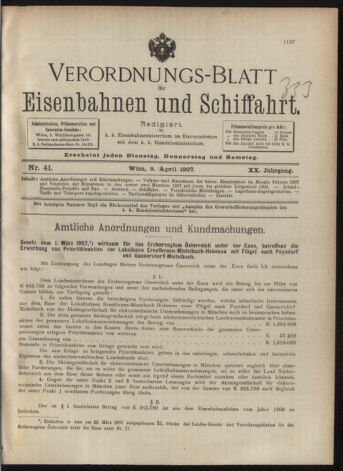 Verordnungs-Blatt für Eisenbahnen und Schiffahrt: Veröffentlichungen in Tarif- und Transport-Angelegenheiten 19070409 Seite: 1