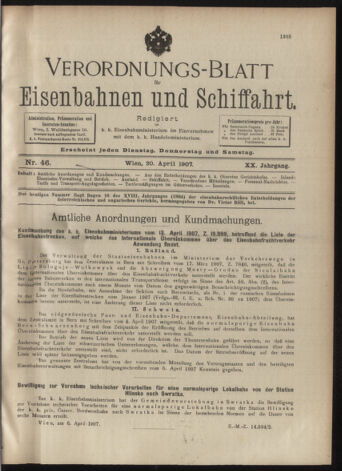 Verordnungs-Blatt für Eisenbahnen und Schiffahrt: Veröffentlichungen in Tarif- und Transport-Angelegenheiten 19070420 Seite: 1