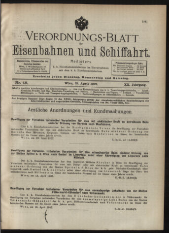 Verordnungs-Blatt für Eisenbahnen und Schiffahrt: Veröffentlichungen in Tarif- und Transport-Angelegenheiten 19070425 Seite: 1