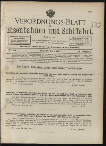 Verordnungs-Blatt für Eisenbahnen und Schiffahrt: Veröffentlichungen in Tarif- und Transport-Angelegenheiten 19070427 Seite: 1