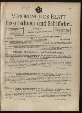 Verordnungs-Blatt für Eisenbahnen und Schiffahrt: Veröffentlichungen in Tarif- und Transport-Angelegenheiten 19070430 Seite: 1