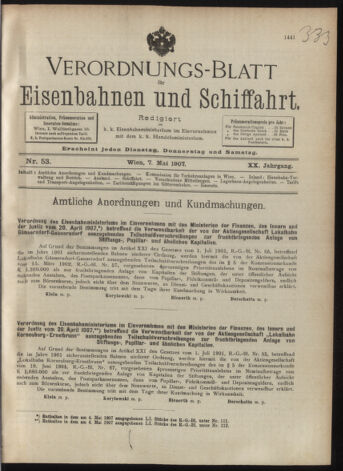 Verordnungs-Blatt für Eisenbahnen und Schiffahrt: Veröffentlichungen in Tarif- und Transport-Angelegenheiten 19070507 Seite: 1