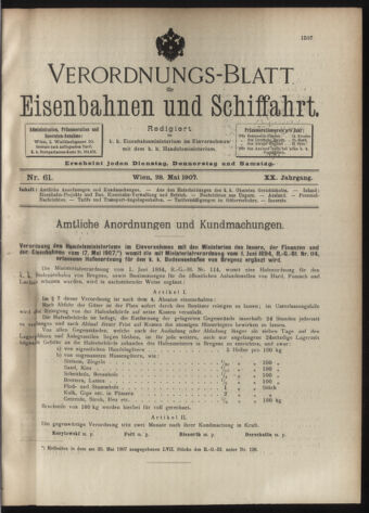 Verordnungs-Blatt für Eisenbahnen und Schiffahrt: Veröffentlichungen in Tarif- und Transport-Angelegenheiten 19070528 Seite: 1