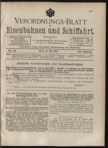 Verordnungs-Blatt für Eisenbahnen und Schiffahrt: Veröffentlichungen in Tarif- und Transport-Angelegenheiten 19070530 Seite: 1