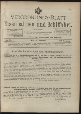 Verordnungs-Blatt für Eisenbahnen und Schiffahrt: Veröffentlichungen in Tarif- und Transport-Angelegenheiten 19070625 Seite: 1