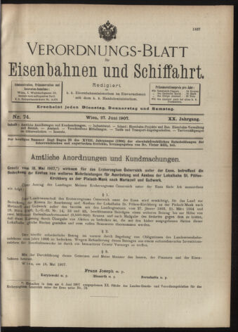 Verordnungs-Blatt für Eisenbahnen und Schiffahrt: Veröffentlichungen in Tarif- und Transport-Angelegenheiten 19070627 Seite: 1