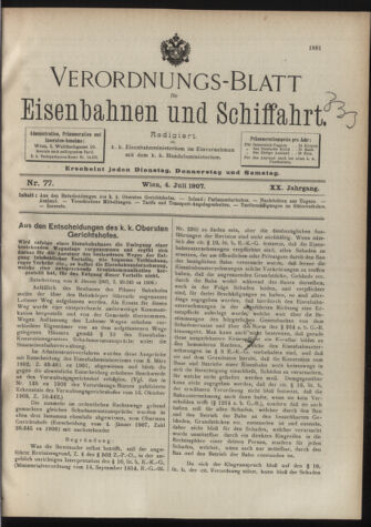 Verordnungs-Blatt für Eisenbahnen und Schiffahrt: Veröffentlichungen in Tarif- und Transport-Angelegenheiten 19070704 Seite: 1