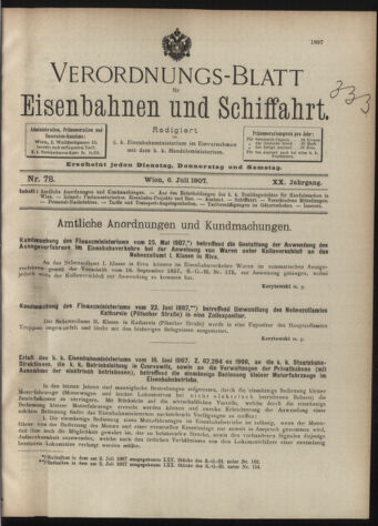 Verordnungs-Blatt für Eisenbahnen und Schiffahrt: Veröffentlichungen in Tarif- und Transport-Angelegenheiten 19070706 Seite: 1