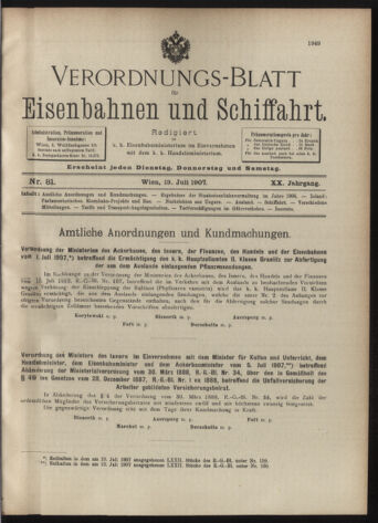 Verordnungs-Blatt für Eisenbahnen und Schiffahrt: Veröffentlichungen in Tarif- und Transport-Angelegenheiten 19070713 Seite: 1