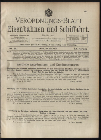 Verordnungs-Blatt für Eisenbahnen und Schiffahrt: Veröffentlichungen in Tarif- und Transport-Angelegenheiten 19070720 Seite: 1