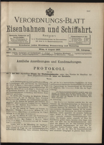 Verordnungs-Blatt für Eisenbahnen und Schiffahrt: Veröffentlichungen in Tarif- und Transport-Angelegenheiten 19070806 Seite: 1