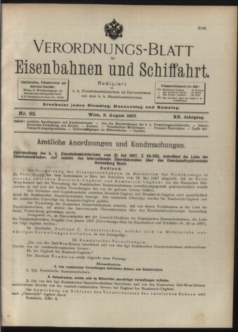 Verordnungs-Blatt für Eisenbahnen und Schiffahrt: Veröffentlichungen in Tarif- und Transport-Angelegenheiten 19070808 Seite: 1