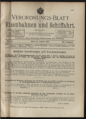 Verordnungs-Blatt für Eisenbahnen und Schiffahrt: Veröffentlichungen in Tarif- und Transport-Angelegenheiten 19070820 Seite: 1