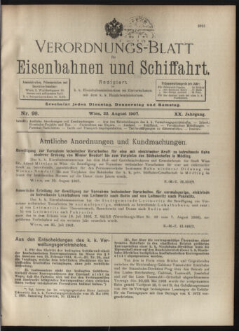 Verordnungs-Blatt für Eisenbahnen und Schiffahrt: Veröffentlichungen in Tarif- und Transport-Angelegenheiten 19070822 Seite: 1