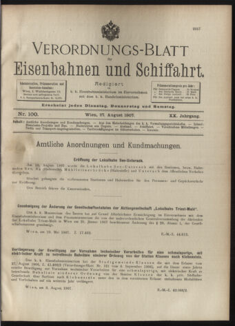 Verordnungs-Blatt für Eisenbahnen und Schiffahrt: Veröffentlichungen in Tarif- und Transport-Angelegenheiten 19070827 Seite: 1