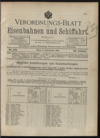 Verordnungs-Blatt für Eisenbahnen und Schiffahrt: Veröffentlichungen in Tarif- und Transport-Angelegenheiten 19070903 Seite: 1