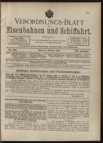 Verordnungs-Blatt für Eisenbahnen und Schiffahrt: Veröffentlichungen in Tarif- und Transport-Angelegenheiten 19071031 Seite: 1