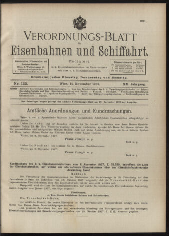 Verordnungs-Blatt für Eisenbahnen und Schiffahrt: Veröffentlichungen in Tarif- und Transport-Angelegenheiten 19071114 Seite: 1