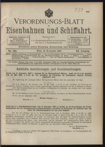 Verordnungs-Blatt für Eisenbahnen und Schiffahrt: Veröffentlichungen in Tarif- und Transport-Angelegenheiten 19071119 Seite: 1