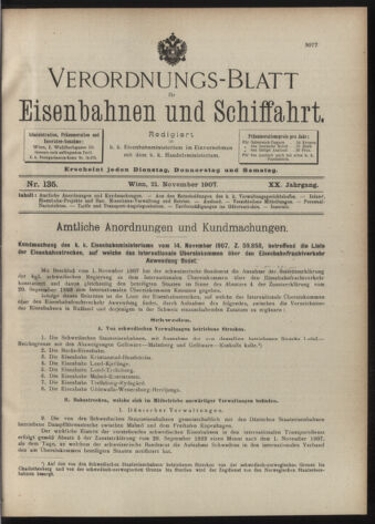 Verordnungs-Blatt für Eisenbahnen und Schiffahrt: Veröffentlichungen in Tarif- und Transport-Angelegenheiten 19071121 Seite: 1