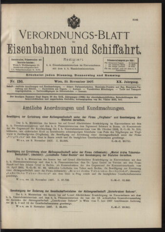 Verordnungs-Blatt für Eisenbahnen und Schiffahrt: Veröffentlichungen in Tarif- und Transport-Angelegenheiten 19071123 Seite: 1