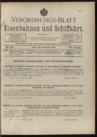 Verordnungs-Blatt für Eisenbahnen und Schiffahrt: Veröffentlichungen in Tarif- und Transport-Angelegenheiten 19071126 Seite: 1