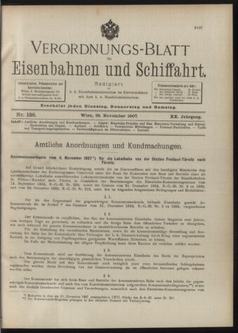 Verordnungs-Blatt für Eisenbahnen und Schiffahrt: Veröffentlichungen in Tarif- und Transport-Angelegenheiten 19071128 Seite: 1