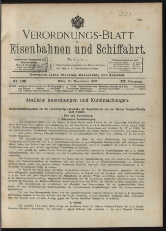 Verordnungs-Blatt für Eisenbahnen und Schiffahrt: Veröffentlichungen in Tarif- und Transport-Angelegenheiten 19071130 Seite: 1