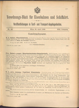 Verordnungs-Blatt für Eisenbahnen und Schiffahrt: Veröffentlichungen in Tarif- und Transport-Angelegenheiten 19080425 Seite: 1