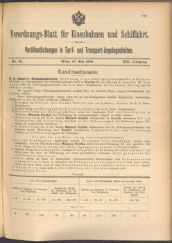 Verordnungs-Blatt für Eisenbahnen und Schiffahrt: Veröffentlichungen in Tarif- und Transport-Angelegenheiten 19080530 Seite: 1