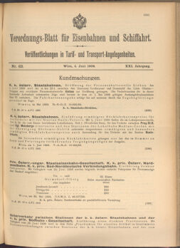 Verordnungs-Blatt für Eisenbahnen und Schiffahrt: Veröffentlichungen in Tarif- und Transport-Angelegenheiten 19080604 Seite: 1