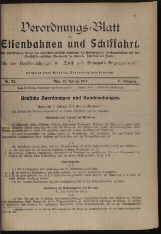 Verordnungs-Blatt für Eisenbahnen und Schiffahrt: Veröffentlichungen in Tarif- und Transport-Angelegenheiten 19190222 Seite: 1