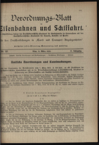 Verordnungs-Blatt für Eisenbahnen und Schiffahrt: Veröffentlichungen in Tarif- und Transport-Angelegenheiten 19190308 Seite: 1